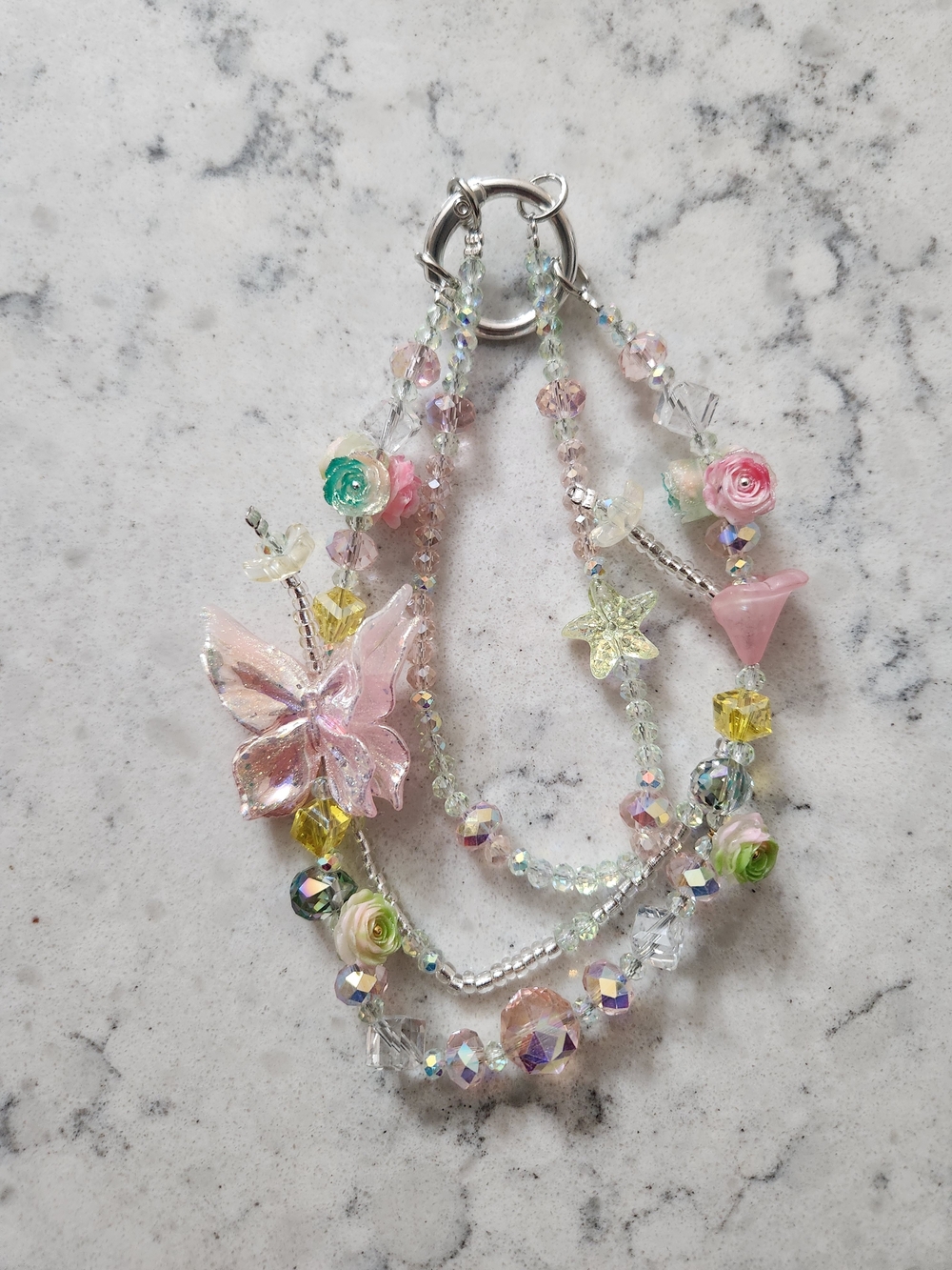Pink Butterfly With Floral Beaded Keychain